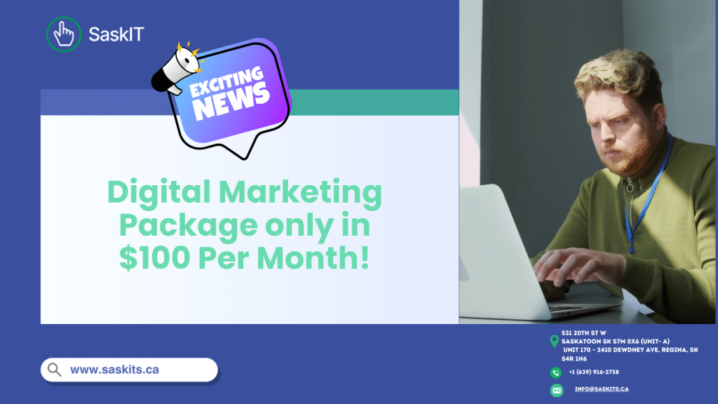 **Alt Text:** "Affordable Digital Marketing Package by SasKIT for $100/month, offering SEO, social media management, Google Ads, and website optimization to boost your business online."